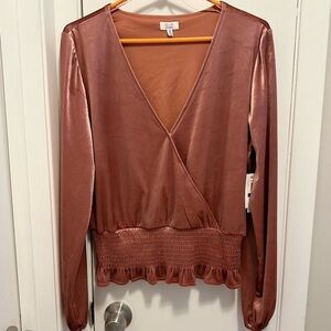 Q+A Los Angeles Rose Gold Pink Velvet Smocked Top Blouse long sleeve XL New
